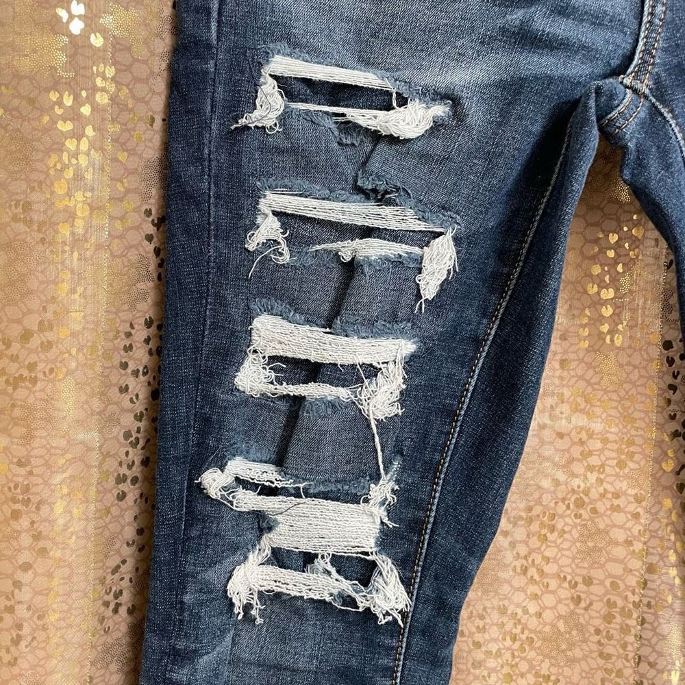 American Eagle Stretch Distressed Patched Dark Wash Hi Rise Jeggings, Size 2 - Picture 3 of 7